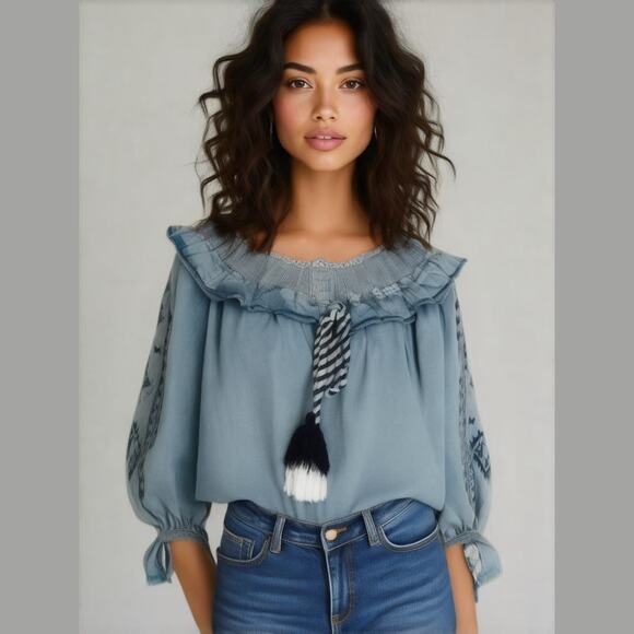 Vintge Havana Blue Tencel Off Shoulder Long Sleeve Peasant Boho Top Ruffle Tie S - Picture 1 of 12